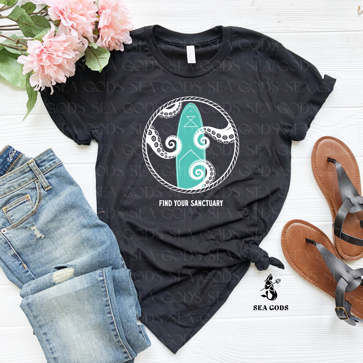 Find Your Sanctuary Kraken Paddleboard Black Tee