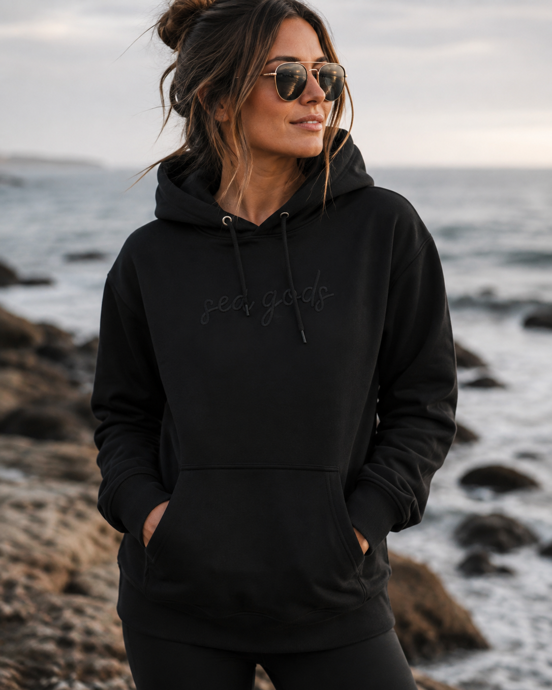 Black on Black Sea Gods Embroidered Logo Hoodie